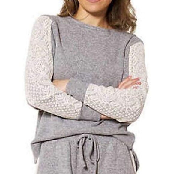 FN BY FLORA NIKROOZ Pajama / Lounge Lace Stripe Gray Cream Crewneck Sweatshirt M - Picture 1 of 14